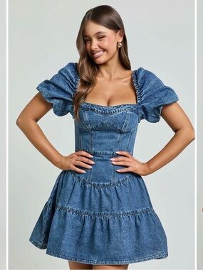 Showpo Dark Blue Denim Puff Sleeve Mini Dress